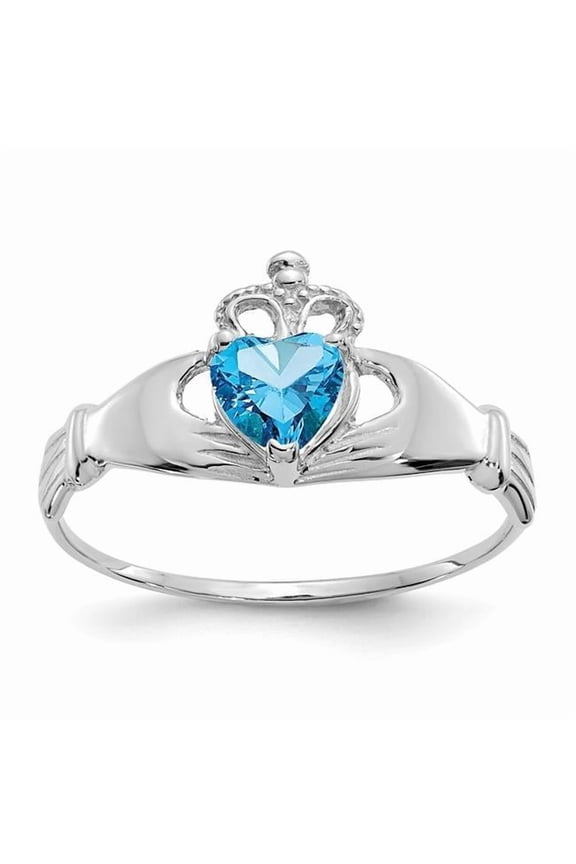 14K White Gold CZ December Birthstone Claddagh Heart Ring, Size 7