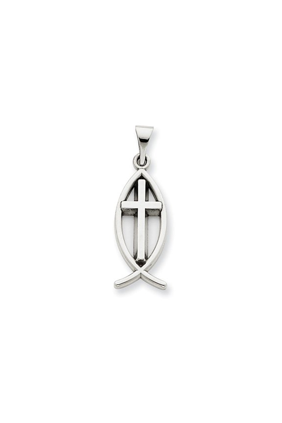 14k White Gold Polished Finish Ichthus Fish with Cross Design Pendant