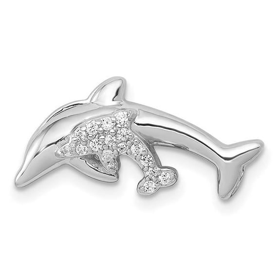 Finest Gold 14K White Gold Diamond Dolphins Chain Slide Pendant