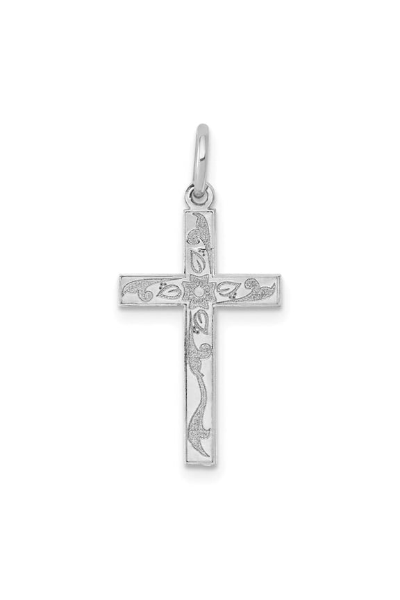 14K White Gold Laser Designed Floral Cross Charm XR1201