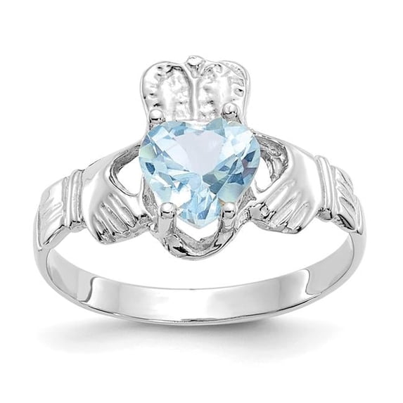 14k White Gold March CZ Heart Birthstone Claddagh Ring R501
