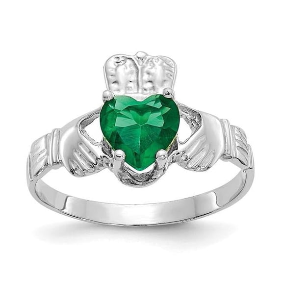 Finest Gold 14K White Gold May CZ Birthstone Claddagh Ring - Size 5