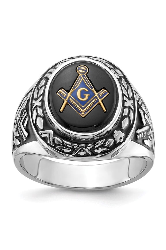 IB Goodman 14k White Gold Mens Polished/Antiqued and Textured with Oval Onyx Masonic Ring Y4073M
