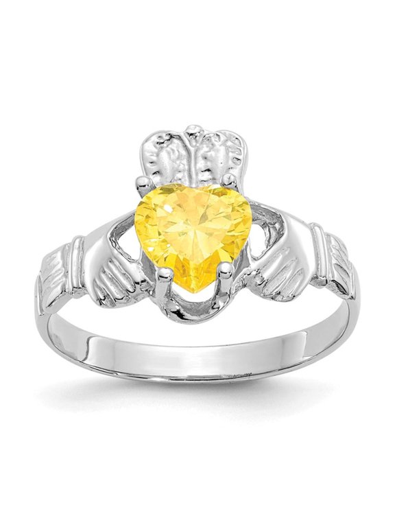 14k White Gold November CZ Heart Birthstone Claddagh Ring R509