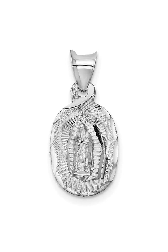 14K White Gold Our Lady of Guadalupe Semi-Solid Oval Pendant