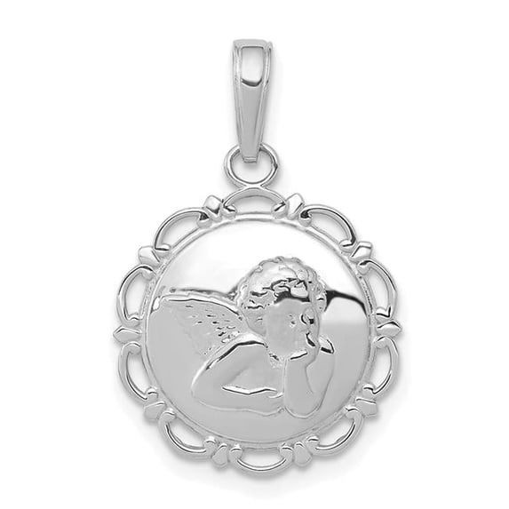 Finest Gold 14K White Gold Polished Angel & Cherub on Round Scallop Frame Pendant