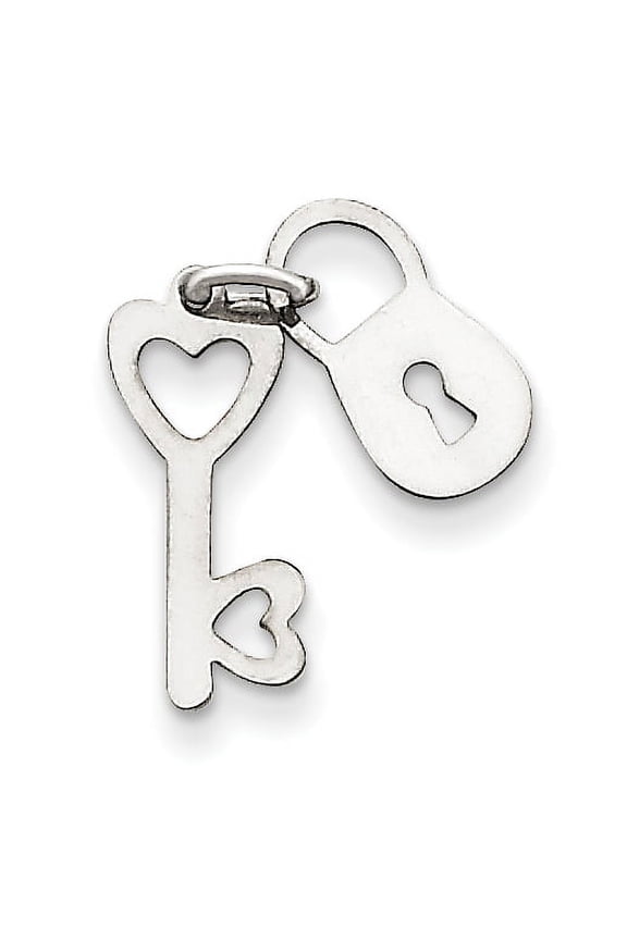 14K White Gold Rhodium Moveable Key and Heart Lock Charm Pendant