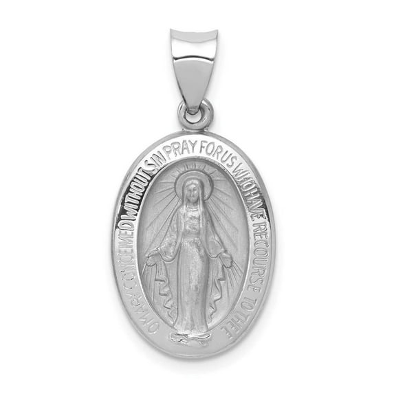 14k White Gold Polished and Satin Hollow Miraculous Medal Oval Pendant XR1399