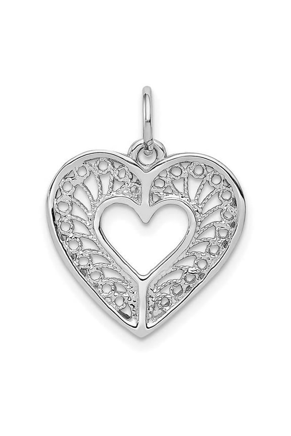 14k White Gold Solid Diamond-cut Fancy Filigree Heart Charm D1060