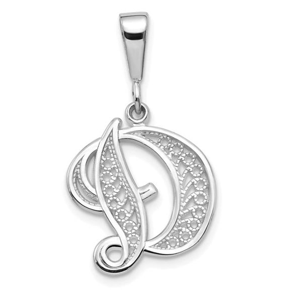 Finest Gold 14K White Gold Solid Polished Script Filigree Letter D Initial Pendant