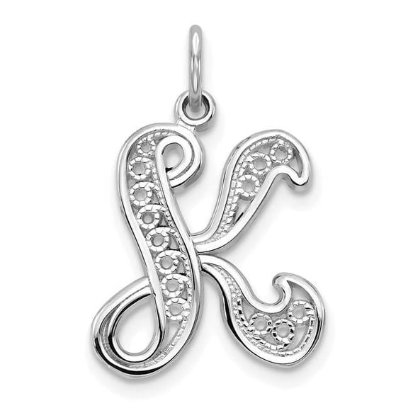 Finest Gold 14K White Gold Solid Polished Script Filigree Letter K Initial Pendant