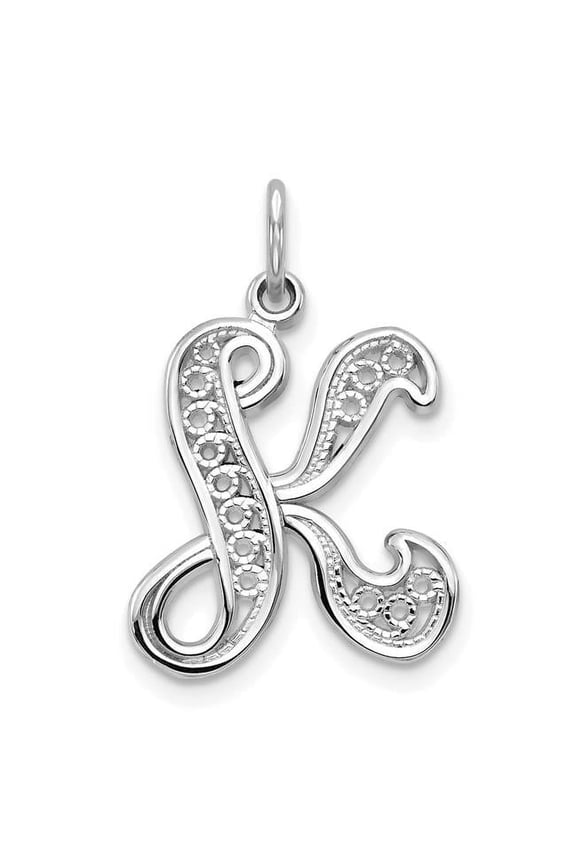 14K White Gold Solid Polished Script Filigree Letter K Initial Pendant