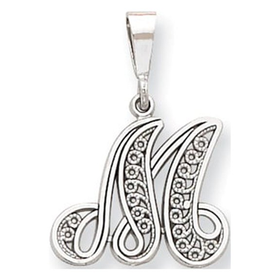 14KW White Gold Solid Polished Script Filigree Letter M Initial Pendant D1281M