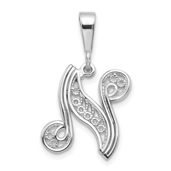 14KW White Gold Solid Polished Script Filigree Letter N Initial Pendant D1281N