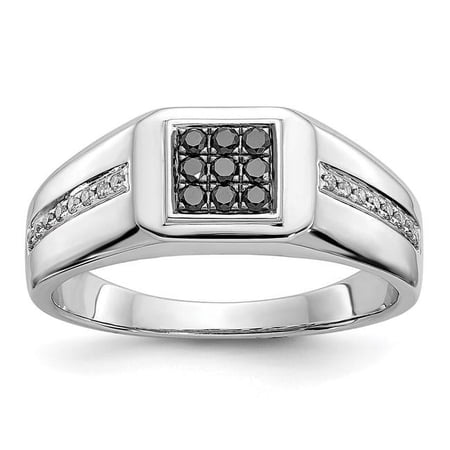 Finest Gold 14K White Gold White & Black Diamond Square Mens Ring, Size 9.75