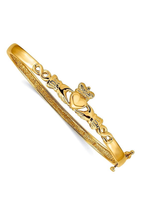 14k Yellow Gold Polished Safety clasp 4mm Sparkle-Cut Irish Claddagh Celtic Trinity Knot Hinged Bangle Bracelet Cuff Bra