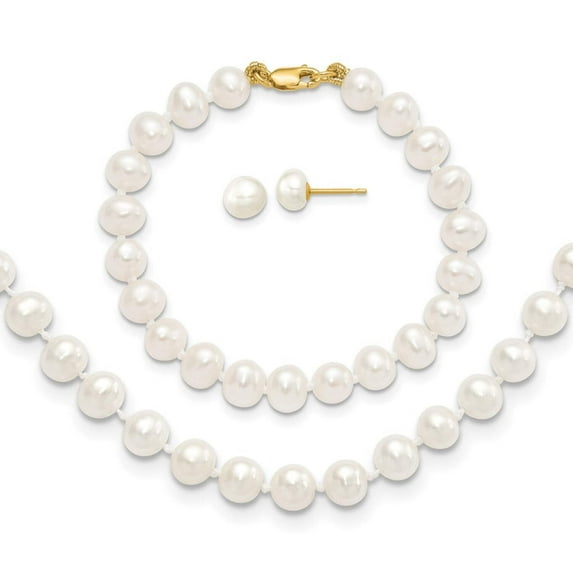 14k Yellow Gold 5-6mm Freshwater Cultured Pearl White 5inch Bracelet 14in Necklace Earrings Set Jewelry Set for Women