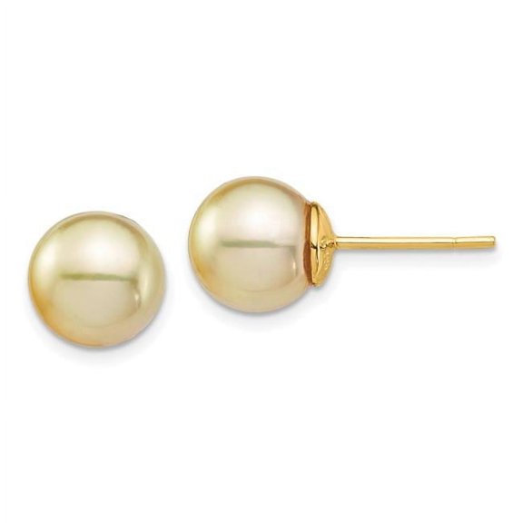 Finest Gold 14K Yellow Gold 9-10 mm Golden Round Saltwater Cultured South Sea Pearl Post Earrings