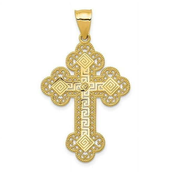 Finest Gold 14K Yellow Gold Budded Greek Key Cross Pendant