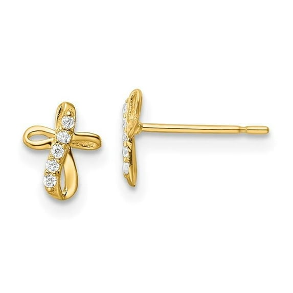 Finest Gold 14K Yellow Gold CZ Cross Post Earrings