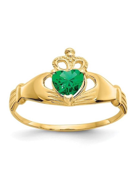 14K Yellow Gold CZ May Birthstone Claddagh Heart Ring - Size 7