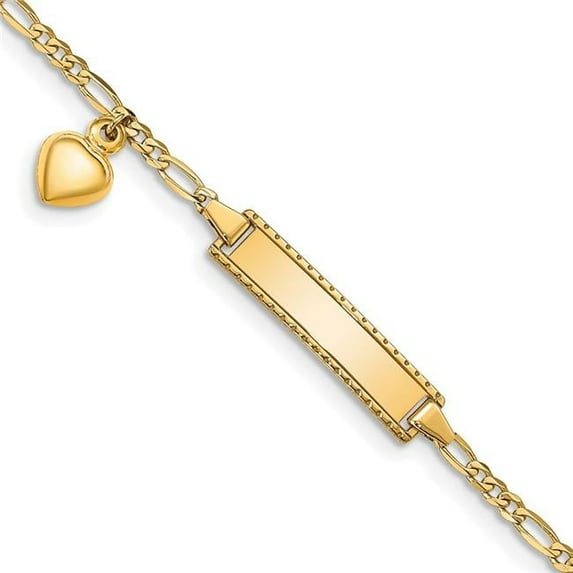 Finest Gold 14K Yellow Gold Dangling Heart Childrens Figaro Link ID 6 in. Bracelet