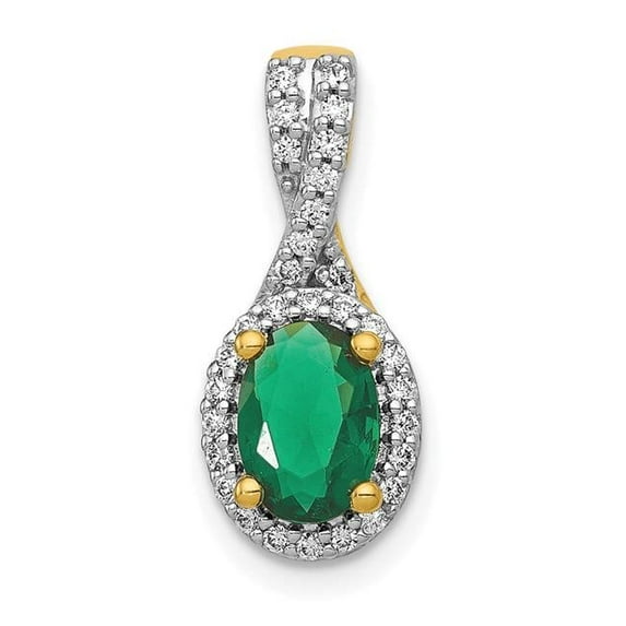 Finest Gold 14K Yellow Gold Diamond & Oval Emerald Halo Pendant