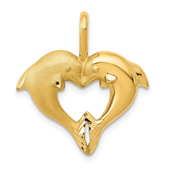 14k Yellow Gold Solid Polished Finish 2-Dolphin Heart Design Charm Pendant