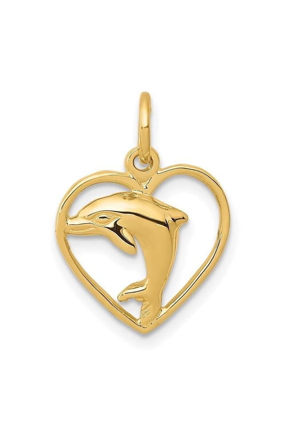 14k Yellow Gold Polish Finish Dolphin in Heart Design Charm Pendant