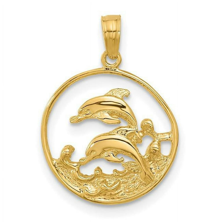 Finest Gold 14K Yellow Gold Double Dolphin Circle Pendant