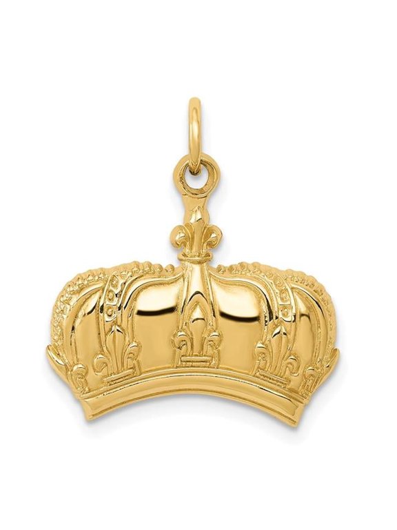 14k Yellow Gold Textured Polished Finish Mens Concave Shape Fleur De Lis Crown Design Charm Pendant