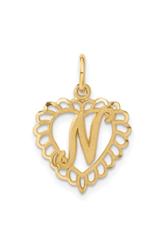 14k Yellow Gold Heart Shape Script Design Letter N Charm Pendant