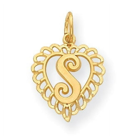 14k Yellow Gold Heart Shape Script Design Letter S Charm Pendant