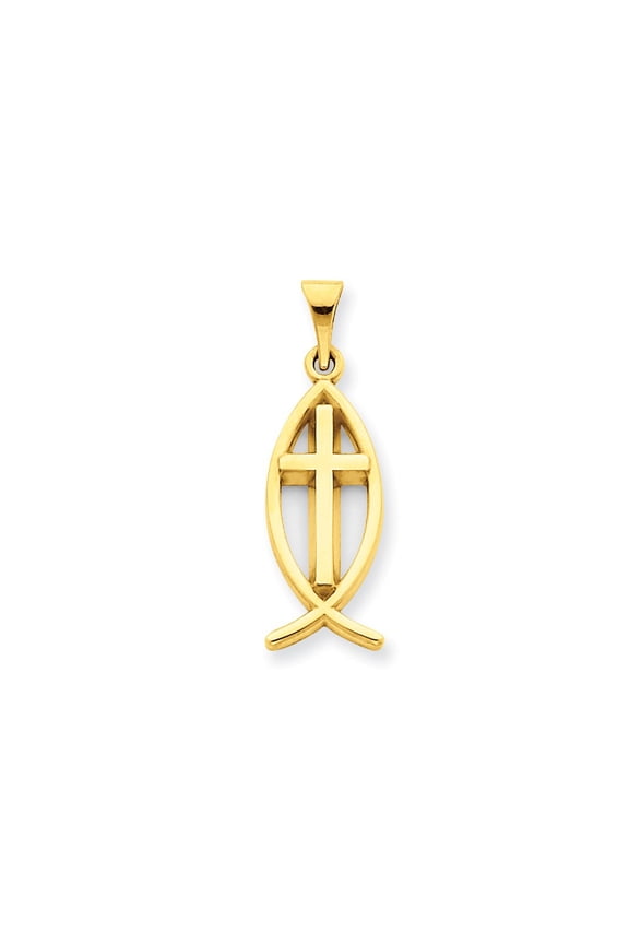 14k Yellow Gold Polished Finish Ichthus Fish with Cross Design Pendant