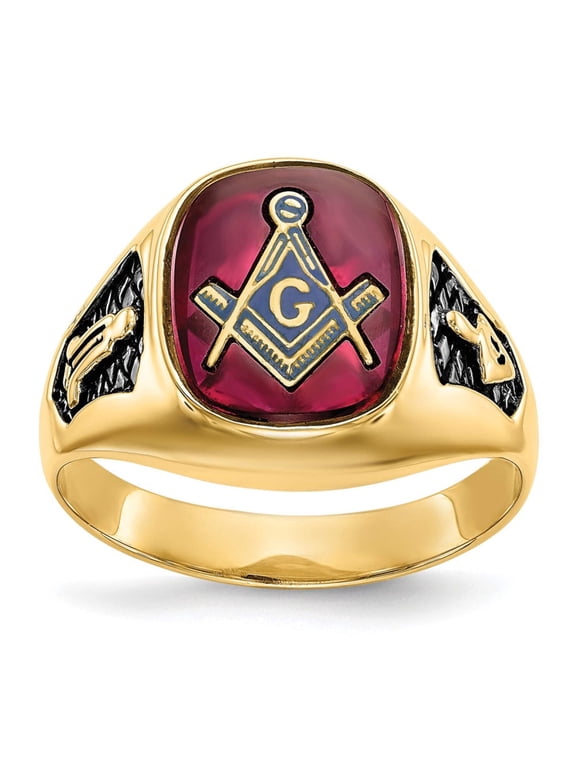 14k Yellow Gold Men's Synthetic Ruby Masonic Ring