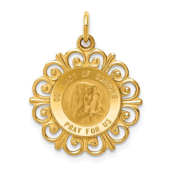 14k Polished and Satin Solid Our Lady of Sorrows Medal Scalloped Edge Round Pendant D3760