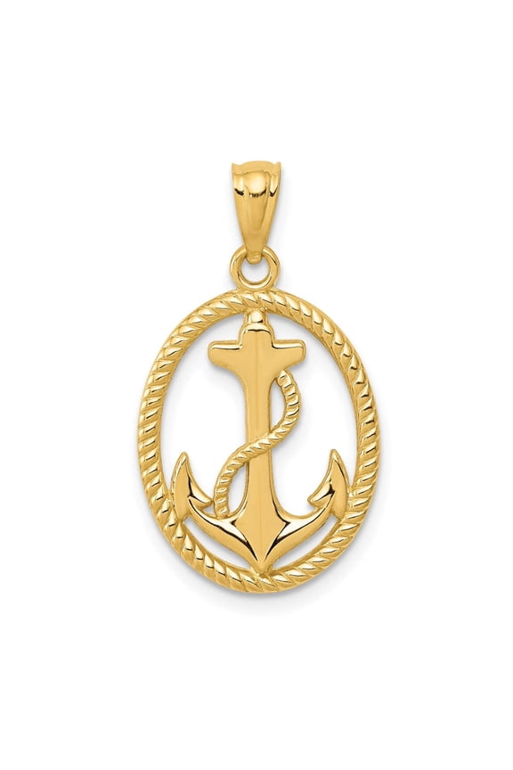 14k Solid Yellow Gold Polished Anchor w/Rope Oval Pendant