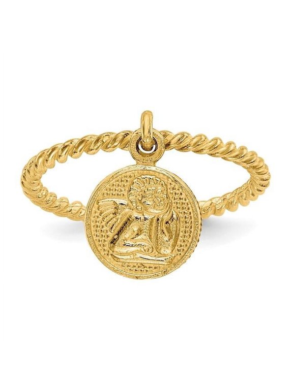 14K Yellow Gold Polished Angel Dangle Charm Childs Ring - Size 4.75