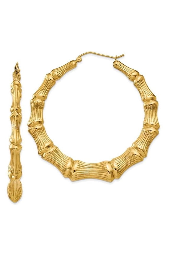 14k Yellow Gold Hollow Hinged post Polished Bamboo Hoop Earrings 54x56mm Wide Hoop Earring for Women