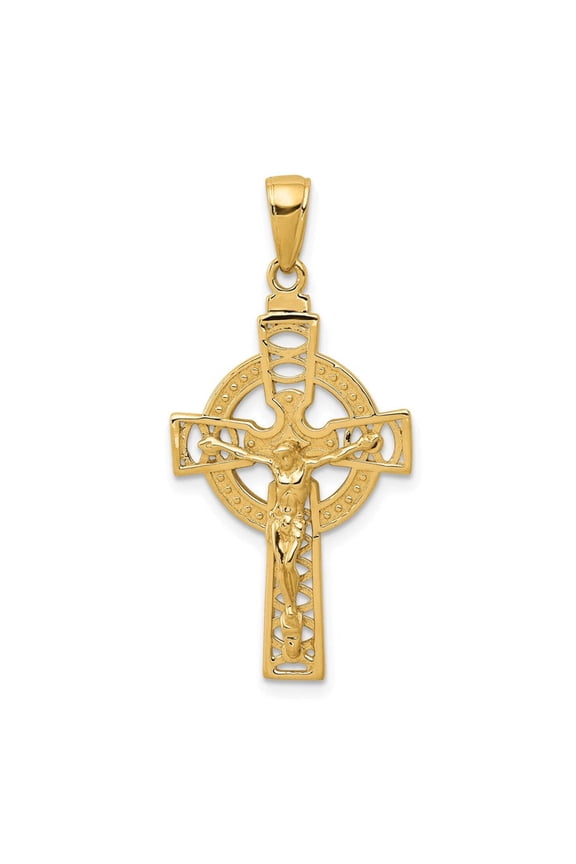 14k Yellow Gold Textured Polished Irish Claddagh Celtic Trinity Knot Crucifix Pendant Necklace 30x18mm Wide Pendant for