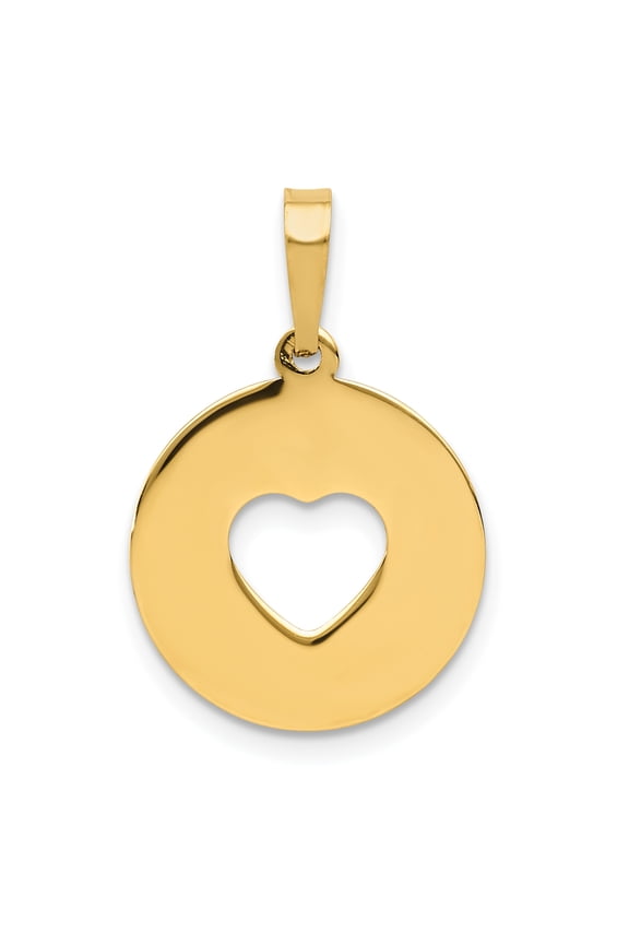 14K Yellow Gold Polished Cut-Out Heart Circle Disc Pendant