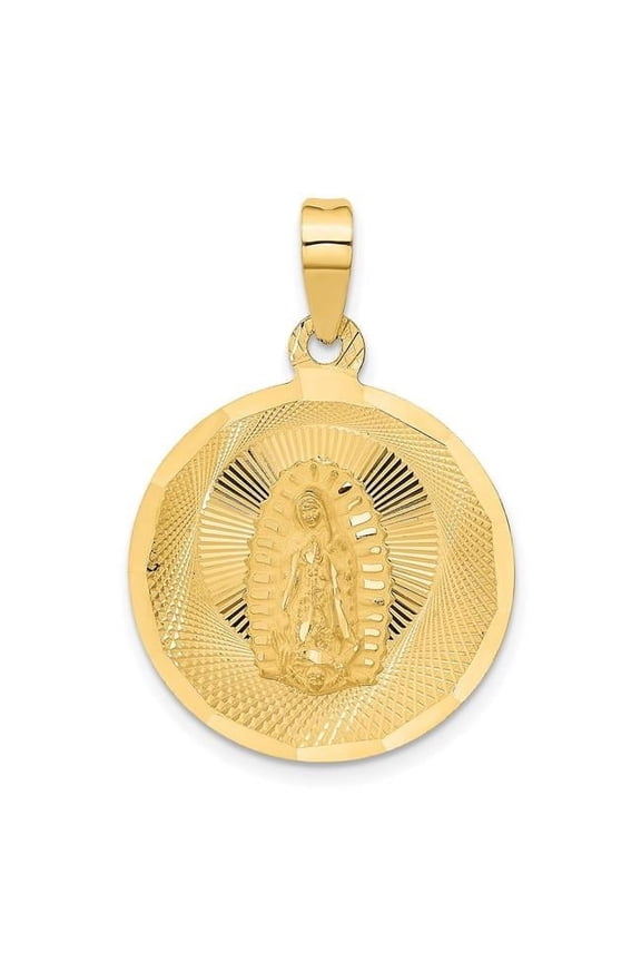 14K Yellow Gold Polished Diamond-Cut Lady of Guadalupe Circle Pendant