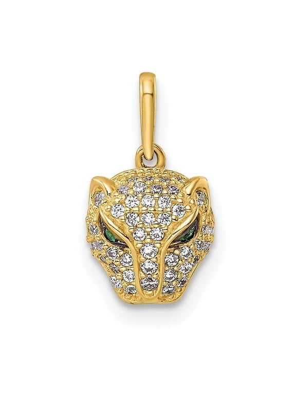 14K Yellow Gold Polished Green & White CZ Lioness Head Pendant