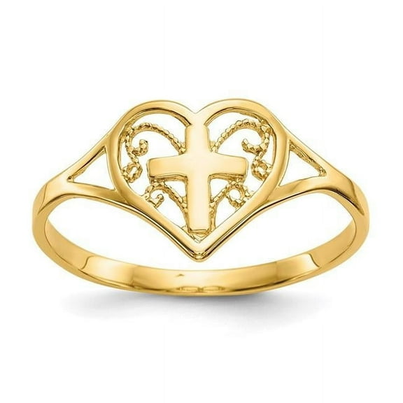 Finest Gold 14K Yellow Gold Polished Heart with Cross Ring - Size 6.75