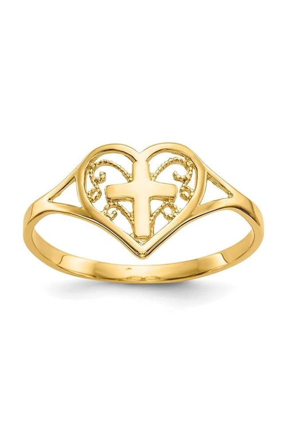 14K Yellow Gold Polished Heart with Cross Ring - Size 6.75