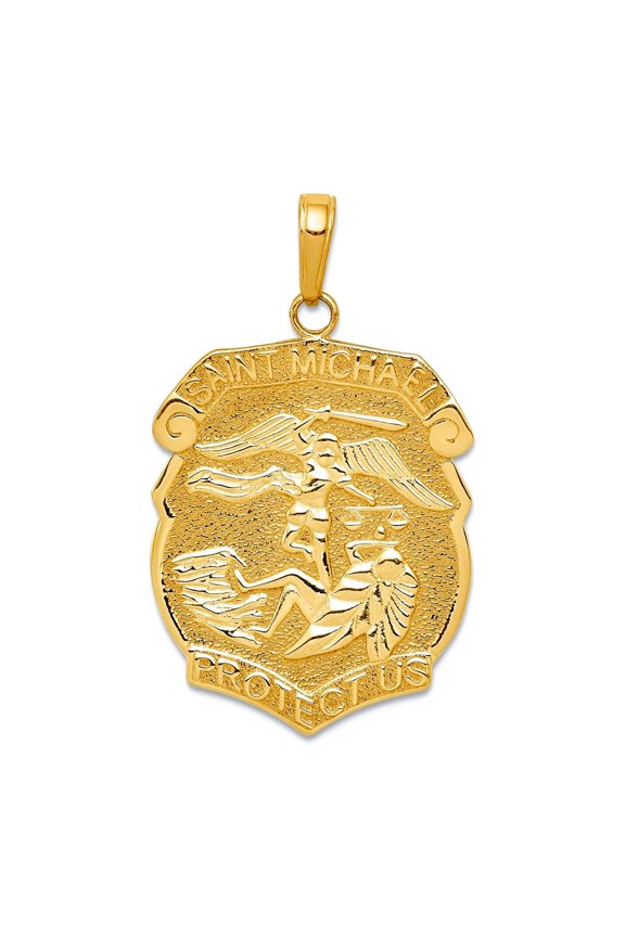 14K Yellow Gold Polished Large Saint Michael Protect Us Medal Pendant