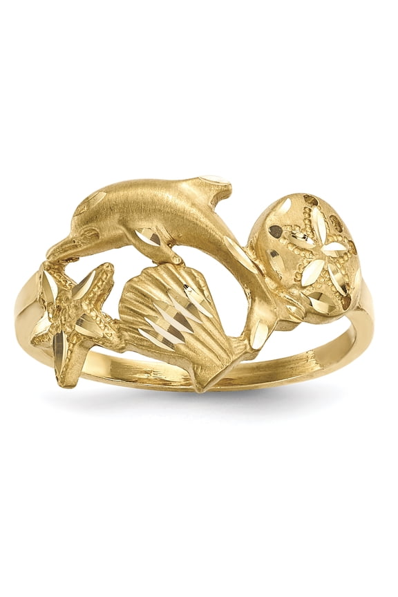 14K Yellow Gold Polished & Satin Diamond-Cut Dolphin Starfish Shell Sand Dollar Ring - Size 7