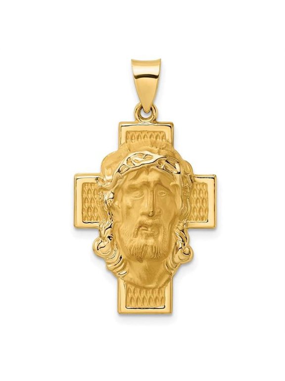 14K Yellow Gold Polished & Satin Hollow Jesus Face Cross Pendant