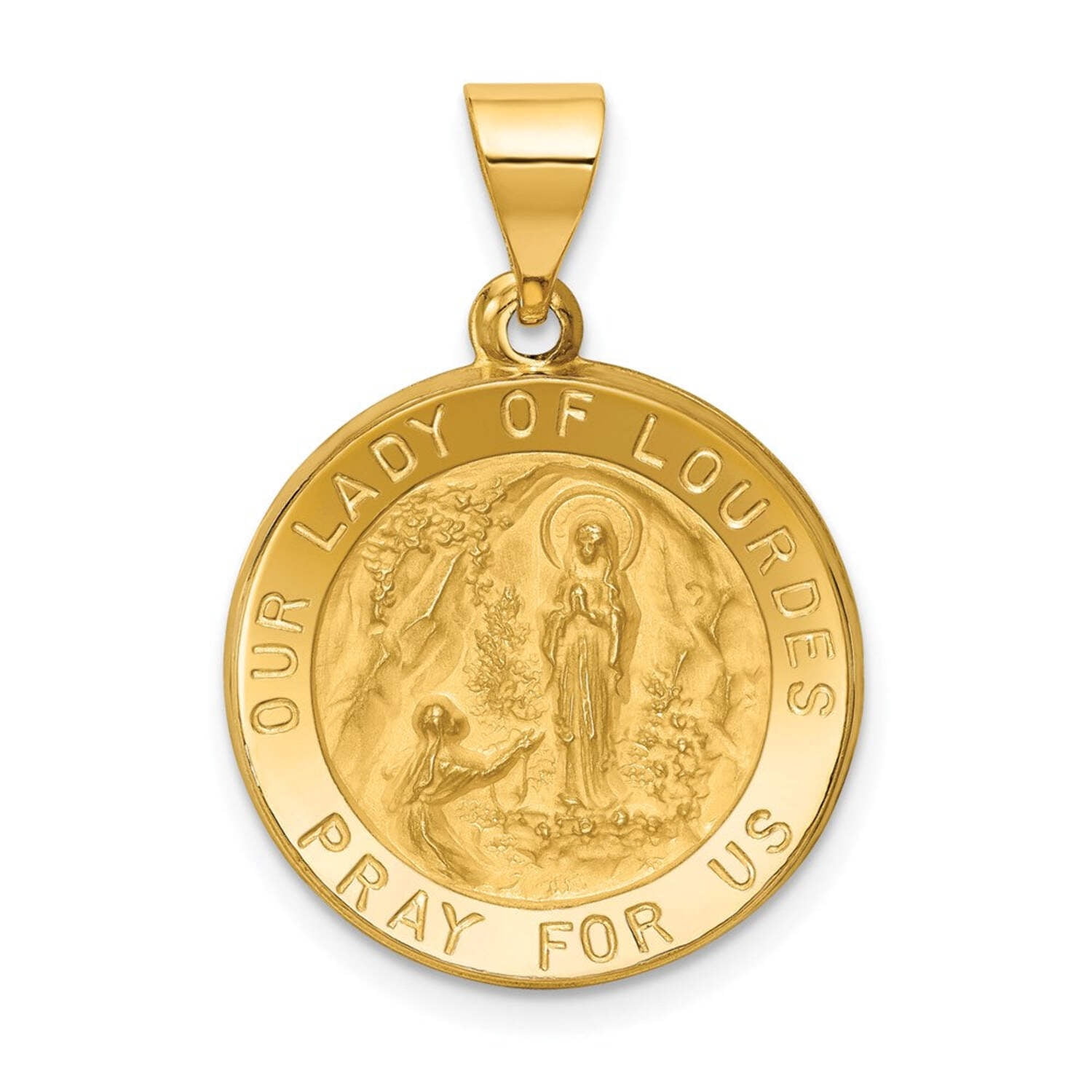 14k Polished and Satin Hollow Our Lady of Lourdes Medal Round Pendant ...