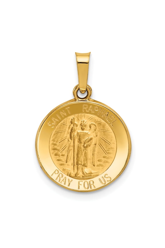 14K Yellow Gold Polished & Satin St Raphael Medal Hollow Pendant